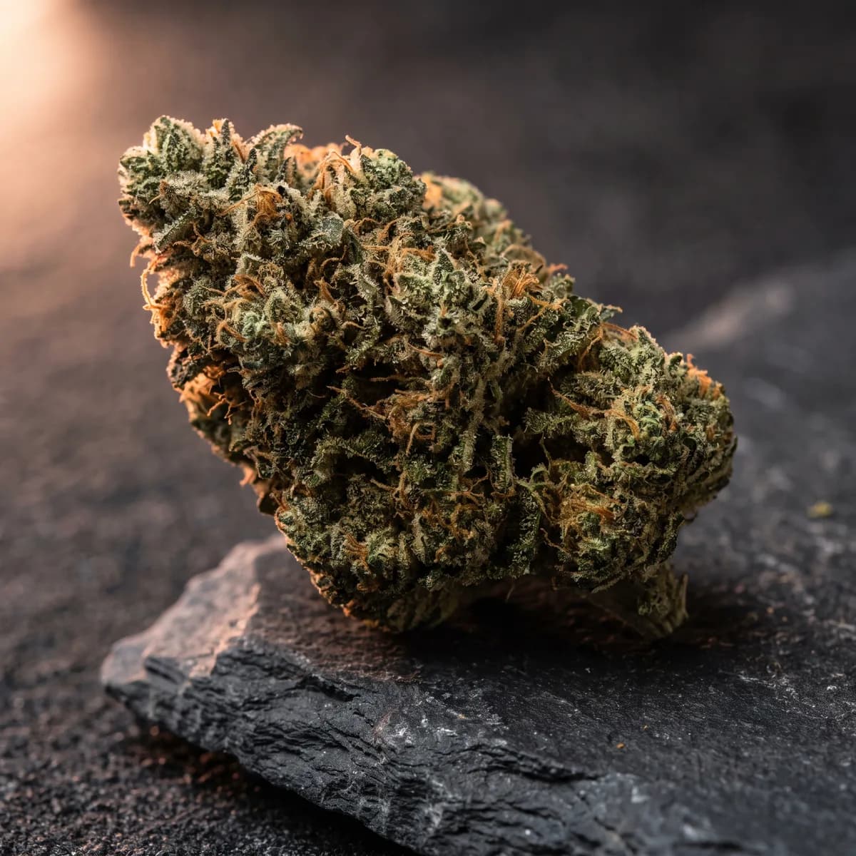 Macro photograph of a cured cannabis bud resting on dark stone under warm light