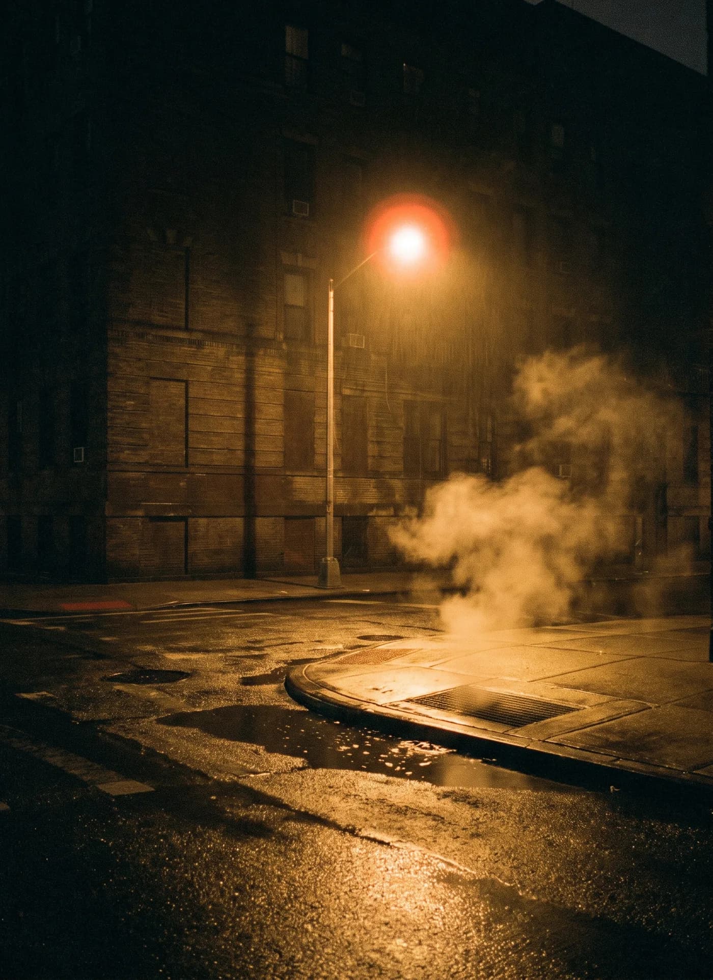 A city corner at night after rain, wet asphalt under a single warm streetlight